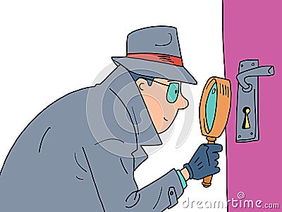 Detectives Magnifying glass peeping through the keyhole of the door. a private detective, a man in a coat, hat and Vector Illustration