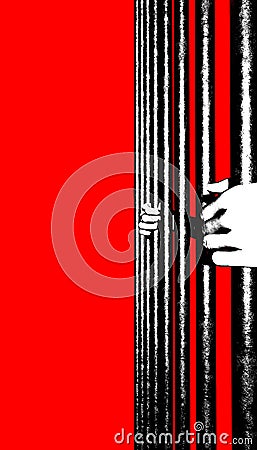 Detention, imprisonment. Prison cell and hands holding the bars Stock Photo