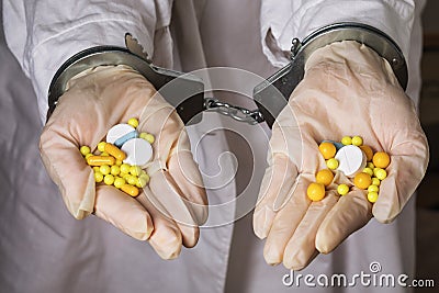 The detention of workers in the illicit manufacture of medicines. Hands holding pills are handcuffed Stock Photo