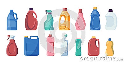 Detergent bottles. Chemical liquid soap and bleach for cleaning, household disinfectant products for housekeeping Vector Illustration