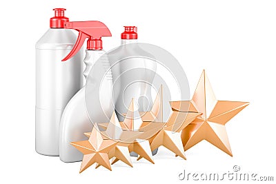 Detergent, cleaning products with five golden stars. Customer rating, 3D rendering Stock Photo