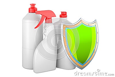 Detergent, cleaning products with shield. 3D rendering Stock Photo