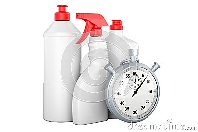 Detergent, cleaning products with stopwatch, 3D rendering Stock Photo