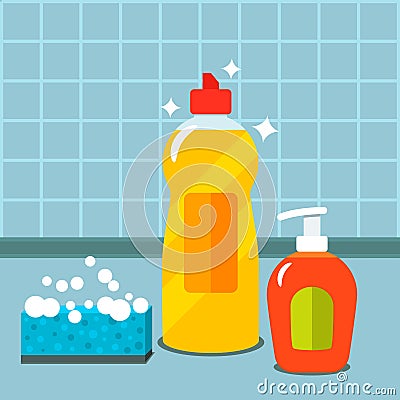 Detergent and liquid soap with soapy foam sponge in kitchen. Flat vector Vector Illustration