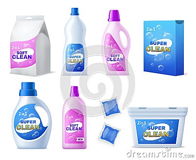 Detergent pack with labels. Realistic household or laundry chemicals packaging, washing powders, gels capsules and conditioners, Vector Illustration