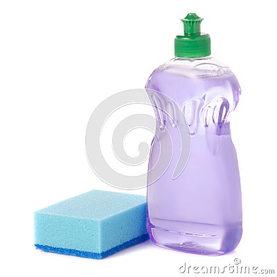 Detergent for utensils lilac lavender and blue sponge Stock Photo