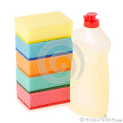 Detergent for utensils and sponges for washing dishes Stock Photo