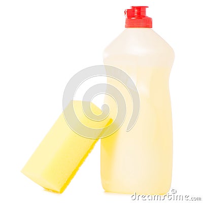 Detergent for utensils and yellow sponge Stock Photo