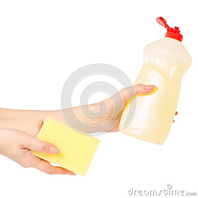 Detergent for utensils and yellow sponge in hand Stock Photo