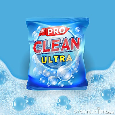 Detergent vector design on bag package with realistic foam on background Vector Illustration