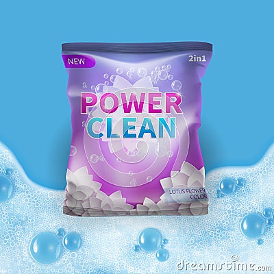 Detergent vector design on bag package template with realistic foam on background Vector Illustration