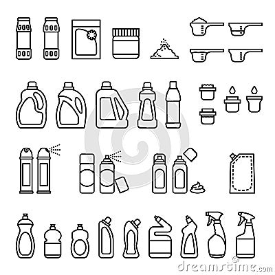 Detergents. Chemicals for cleaning and disinfection bottles icons. Vector Illustration