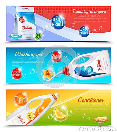 Detergents Clothes Horizontal Banner Set Vector Illustration