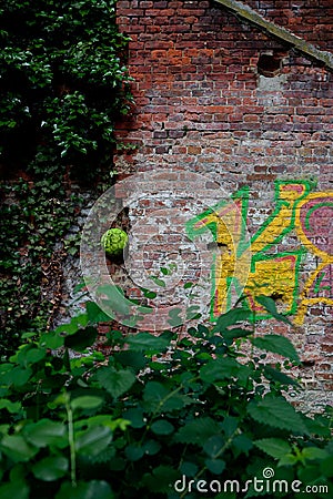 Deteriorated graffiti brick wall nature , Leuven, Belgium Stock Photo