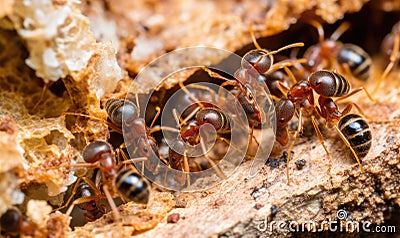 The determined ants create a line, transporting sustenance to their lair Stock Photo