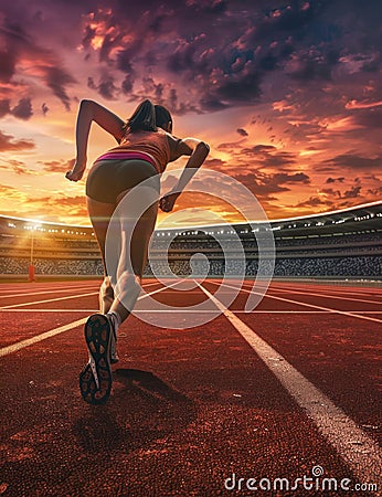 Determined Athlete Sprinting on the Track at Sunset. Generative ai Cartoon Illustration