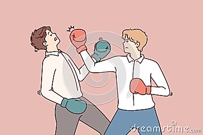 Determined business man in boxing gloves strikes opponent in face, symbolizing fierce competition Vector Illustration