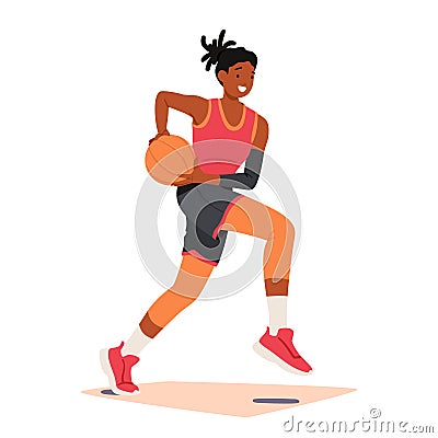 Determined Female Basketball Player Character Dashes Down The Court, Dribbling The Ball With Skill And Focus Vector Illustration