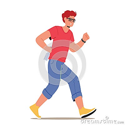 Determined And Focused Young Man Character Sprints Through The City Streets, Competing In A Challenging Marathon Vector Illustration
