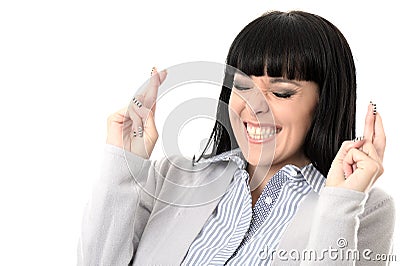 Determined Hopeful Confident Wishful Woman with Fingers Crossed Stock Photo