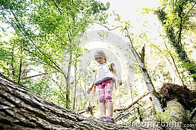 Determined little girl scout standing on a log in the woods Stock Photo