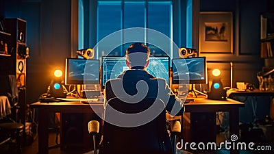 A man sits before his computer, fully immersed in his tasks. Generative AI Stock Photo