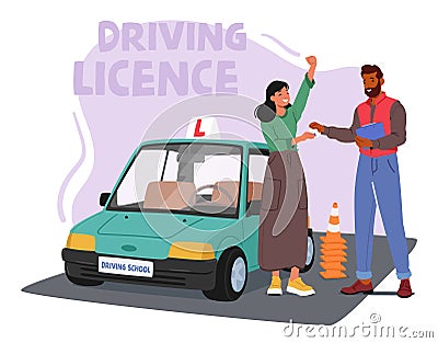 Determined Woman Character Successfully Obtains Her Driving License After Skillfully Demonstrating Her Abilities Vector Illustration