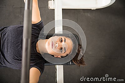 Determined Woman Pumping Muscles With Barbell On Bench Press Stock Photo