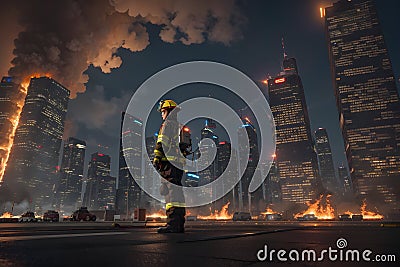 A determined 10-year-old girl stands strong firefighter to save people, generated by Ai Stock Photo