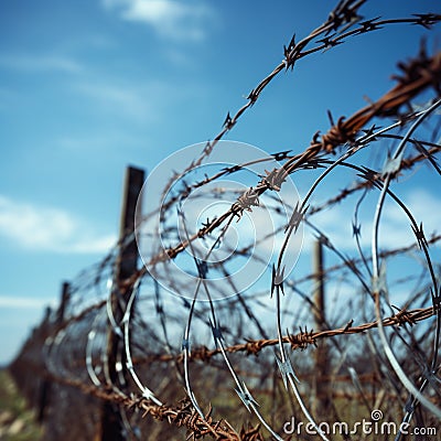 Deterrent boundary Barbed wire guards the confines of restricted territory Stock Photo