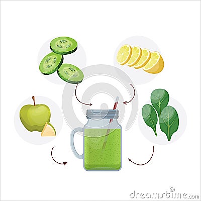Detox cleanse drink concept, green vegetable smoothie, ingredients. Cucumber, apple, lime and spinach mix isolated on white Vector Illustration