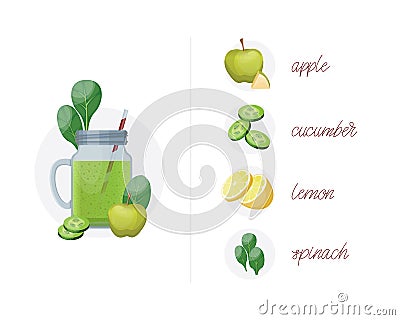 Detox cleanse drink concept, green vegetable smoothie, ingredients. Cucumber, apple, lime and spinach mix isolated on white Vector Illustration