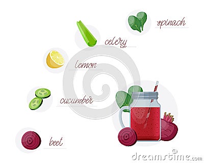Detox cleanse drink concept, red vegetable smoothie. Natural, organic healthy juice Vector Illustration