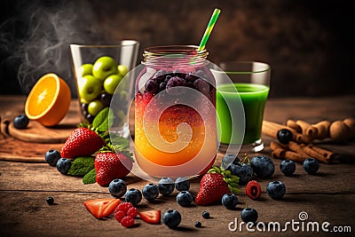 Detox cleanse drink, smoothie in a glass jar with fruits and berries on wooden table. Healthy vegan superfood. AI generated image Stock Photo