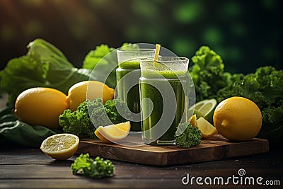 Detox and Cleanse with Lemon and Broccoli, Green Juice, Green Vegetables Stock Photo
