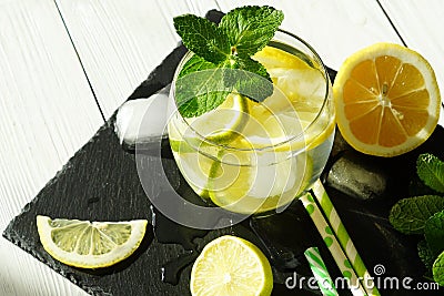 Detox cool drink with ice cubes and fresh lemon Stock Photo