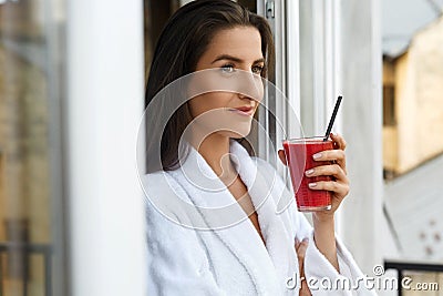 Detox Diet. Healthy Woman Drinking Fresh Juice In Morning Stock Photo