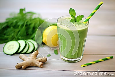 detox green shake with cucumber and celery sticks on side Stock Photo