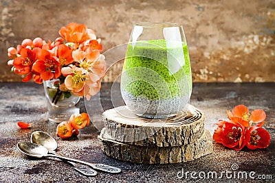 Detox ombre layered matcha green tea chia seed pudding. Vegan dessert with coconut milk. Healthy vegetarian breakfast Stock Photo