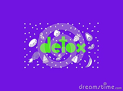 Detox Vector Lettering with frutes and vegs icons. Detox diet concept. Vector Illustration