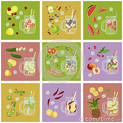 Detox water with Fruits Vector Illustration