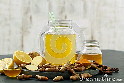 detox water turmeric lemon and ginger Stock Photo