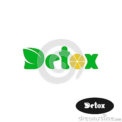 Detox word logo. Leaves and lemon slice. Vector Illustration