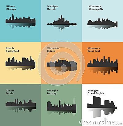 Detroit, Lansing, Grand Rapids, Duluth, Minneapolis, Saint Paul, Chicago, Peoria, Springfield (Set of 9 City) Vector Illustration