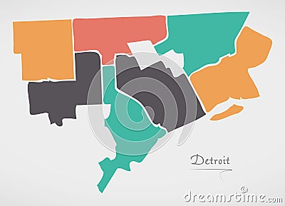 Detroit Michigan Map with neighborhoods and modern round shapes Vector Illustration