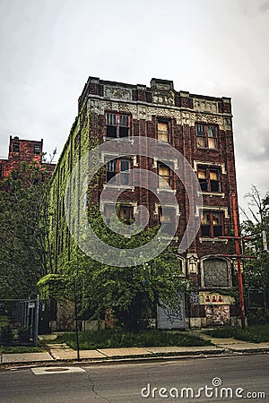 Detroit, Michigan, May 18, 2018: Abandoned and damaged single family home near downtown Detroit. Editorial Stock Photo