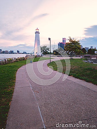 Detroit River Lighthouse on the US Side opposite to the Canadian Side Editorial Stock Photo