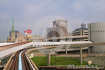 DETROIT, MICHIGAN, UNITED STATES - MAY 22nd, 2018: Riding the `Detroit People Mover` Tramway in Detroit Downtown. The Editorial Stock Photo