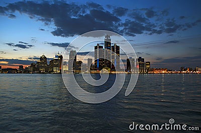 Detroit Skyline at Dusk April 2015 Stock Photo