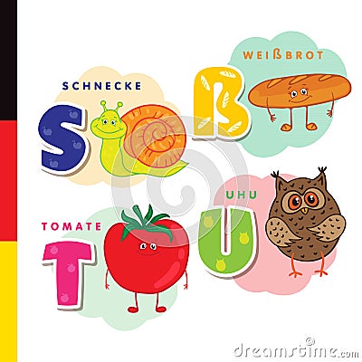 Deutsch alphabet. Snail, white bread, tomato, owl. Vector letters and characters Vector Illustration